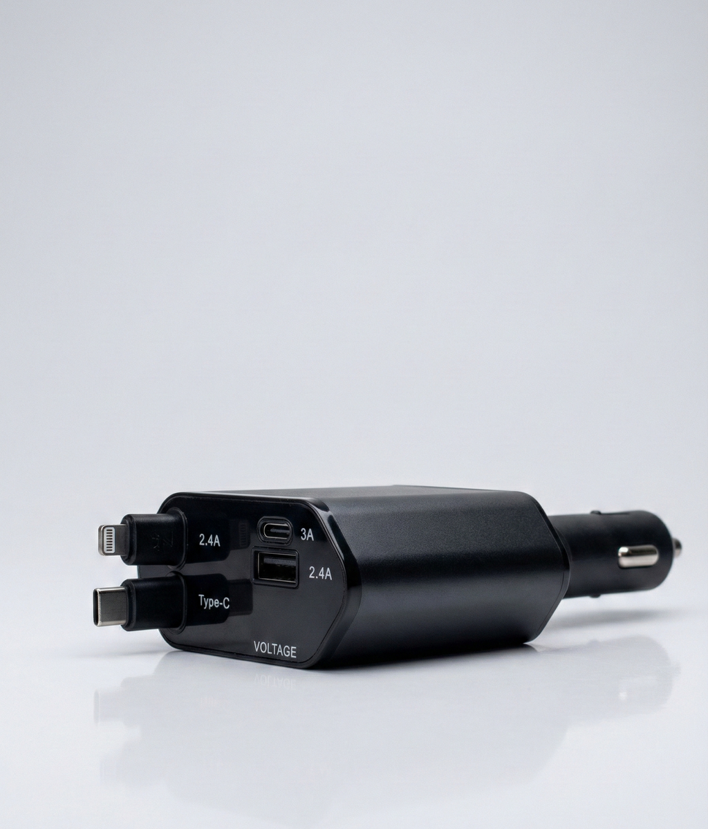 Premium Metallic 4 in 1 Car Charger with Adjustable Head & Fast Charging